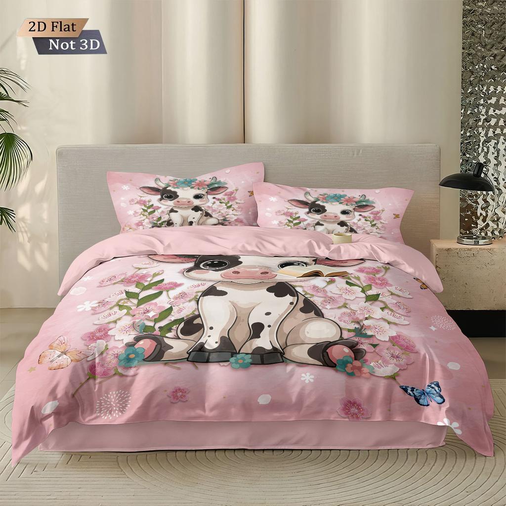 3pcs Valentine's Day Romantic Pink Cow Print Coreless Down Duvet Cover Set Comfortable Bedroom Bedding Decoration Machine Wash