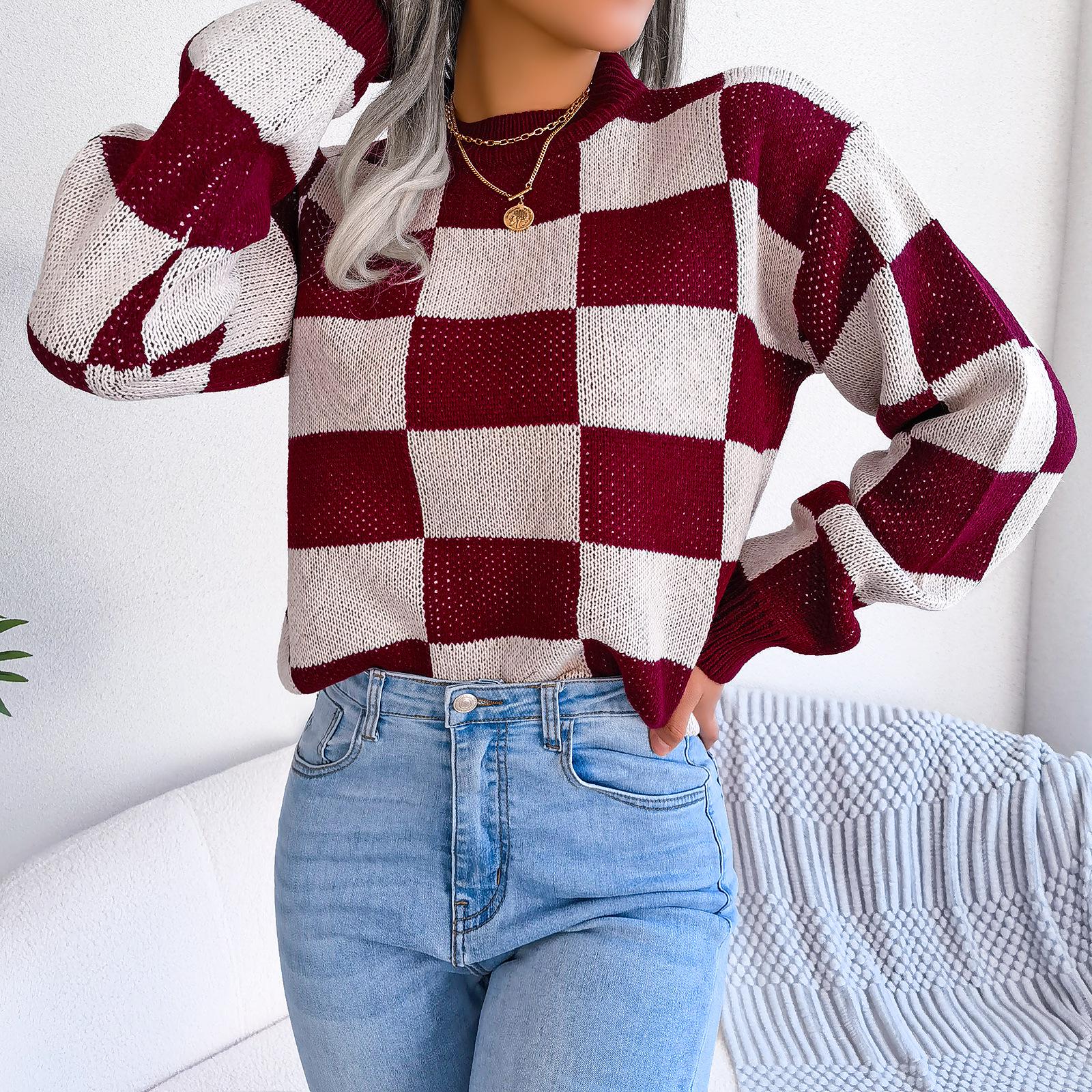European & American 2025 Autumn/Winter Street Style Plaid Color Block Long Sleeve Knitted Sweater for Women Large