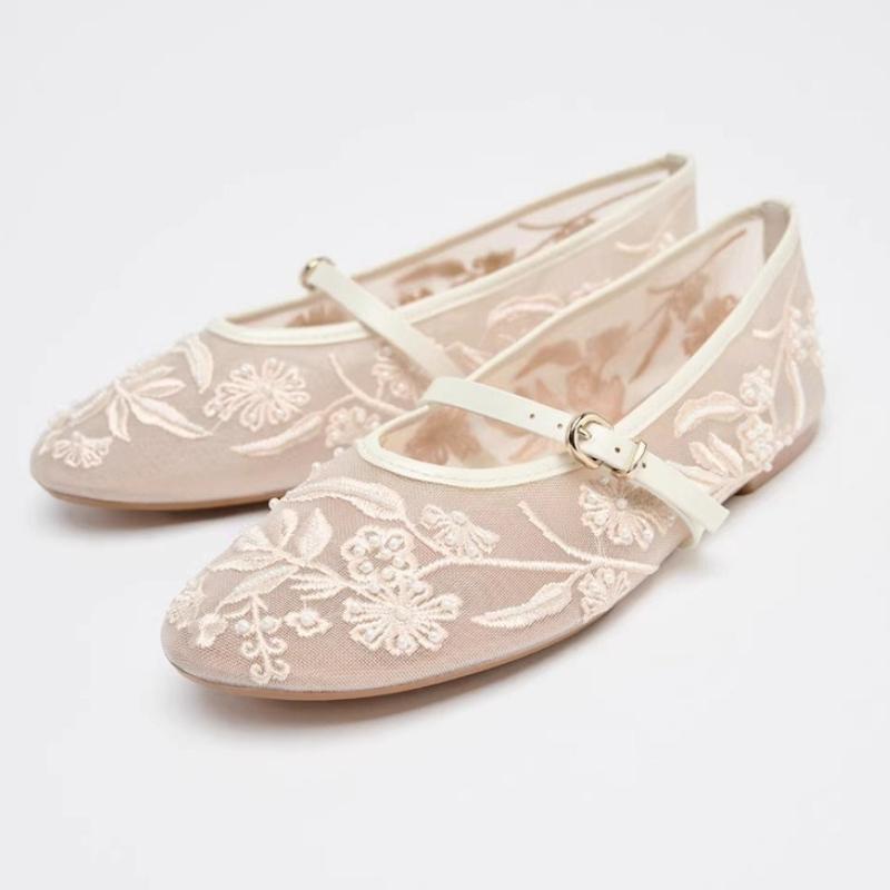 

Women Mesh Embroidery Flats Flowers Pearl Ballet Loafers Ladies Fashion Breathable Shoe Comfort Low Heel Soft Flat Sandals 35 белый