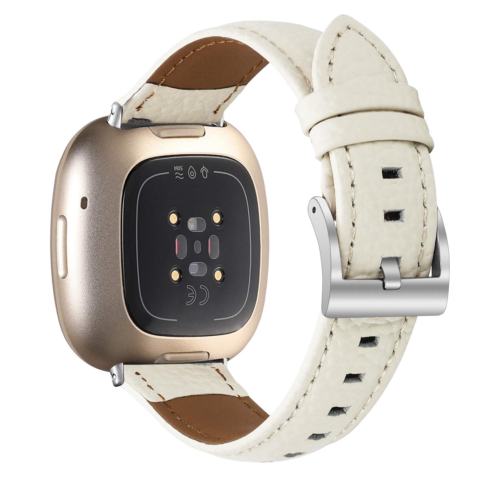 Litchi Textured Genuine Leather Strap for Fitbit Versa 3/Sense Pointed-End Watch Band with Silver Buckle
