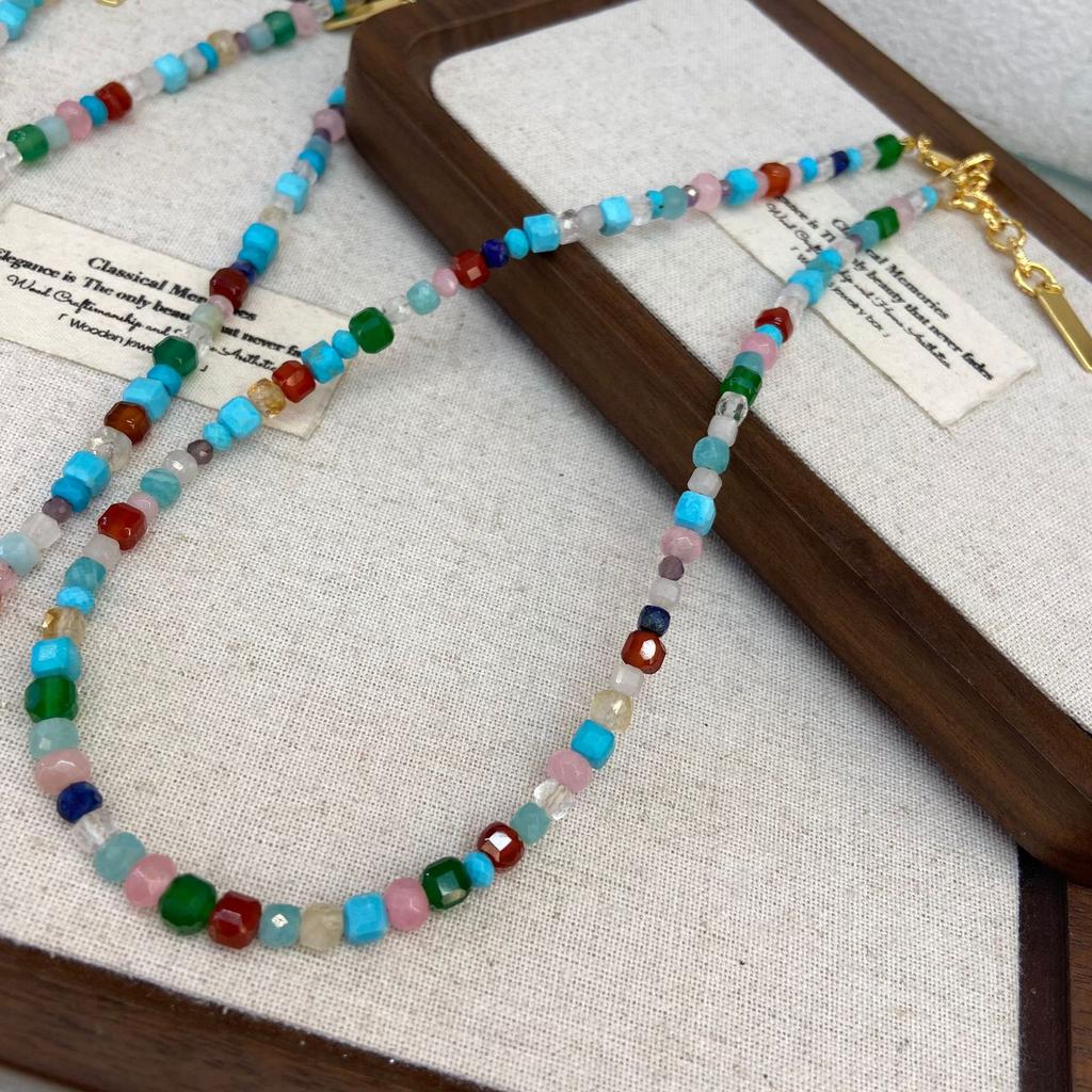 White Deer Same Dopamine Rainbow Natural Stone Beaded Necklace Women'S High-End Accessories High-End Light Luxury Necklace