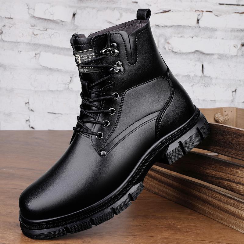 Men's Genuine Leather Casual Shoes Winter High Top Oxford Shoes Thick Sole Fleece Commuting Hiking Men's Ankle Boots Lace Up