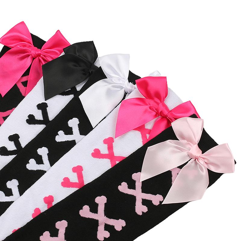 1 Paar Mädchen Schwarz Süß Niedlich Rosa Y2K Harajuku Lolita Oberschenkelhohe Strümpfe Mädchen Knochen Schleife Socken Streetwear
