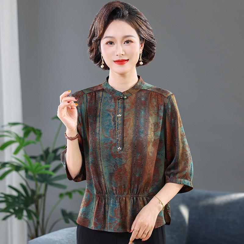 

Retro Artistic Silk-Like Slimming Top for Middle-Aged & Elderly Women - Summer 2026 Trend 2XL (53-60 kg) озеро зелений колір