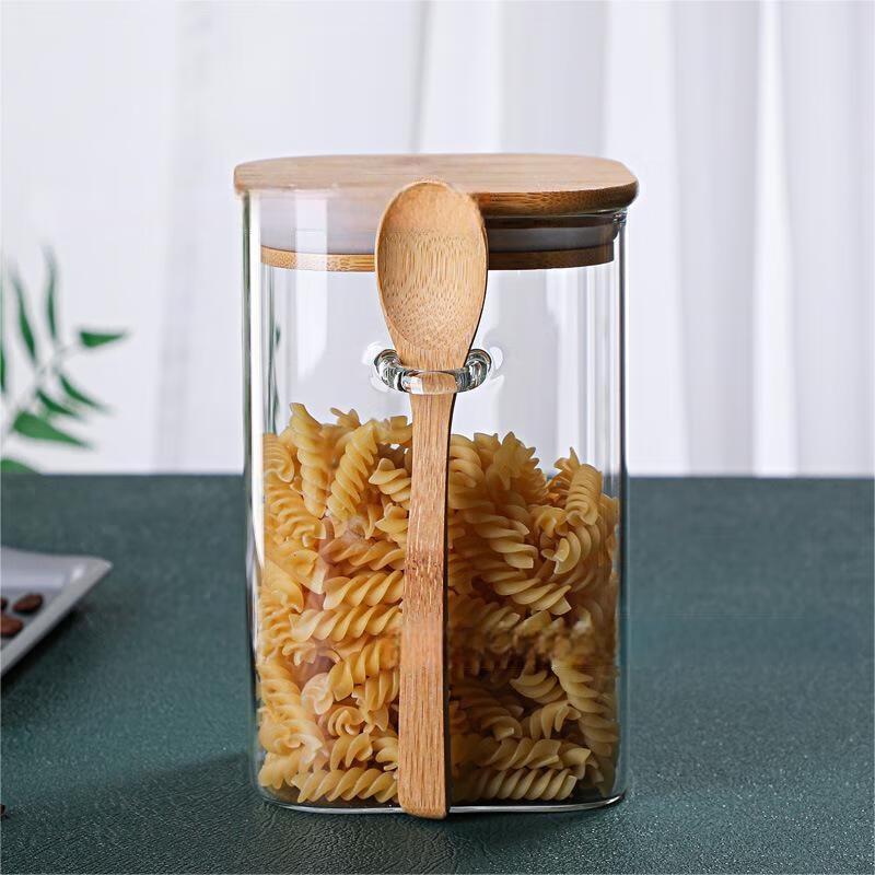 Квадратная жаропрочная стеклянная банка для хранения с бамбуковой крышкой и ложкой
