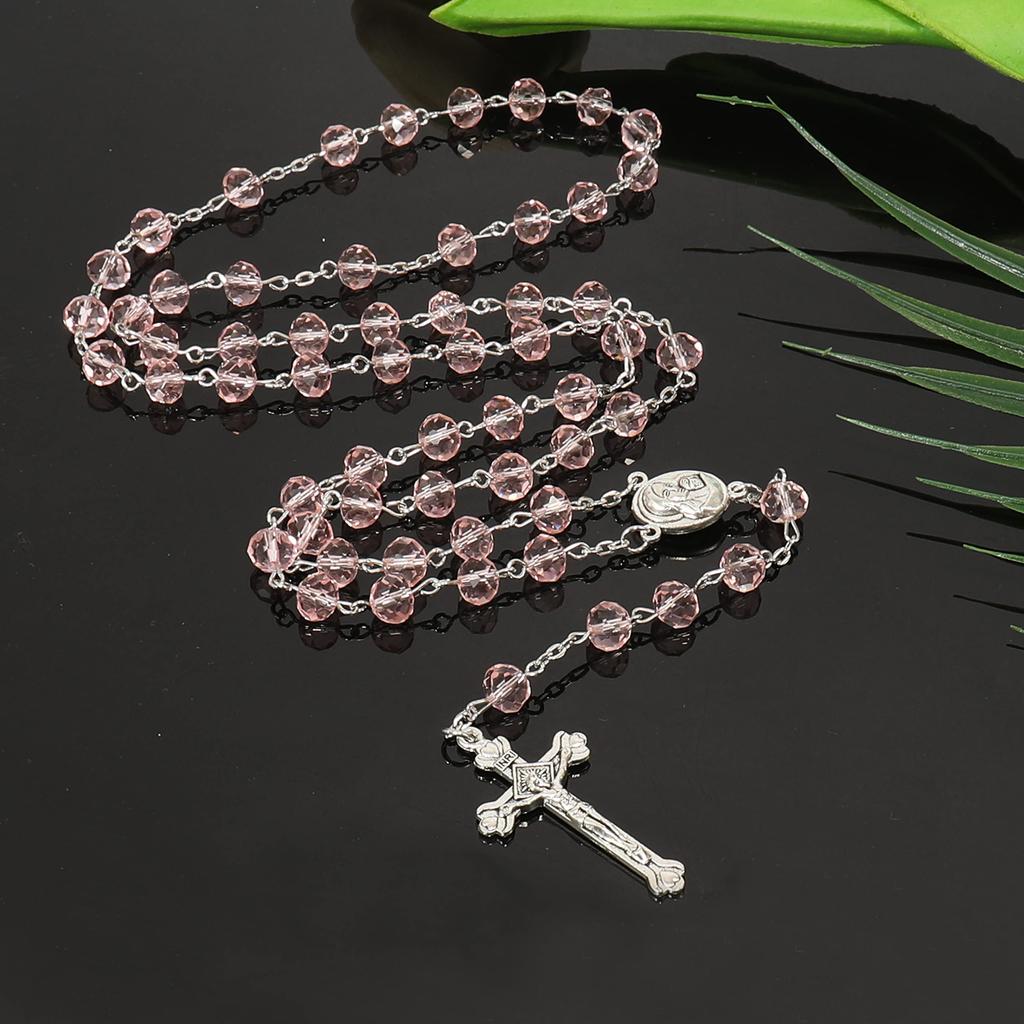 Light pink crystal bead rosary Catholic necklace with sacred earth medal and cross.