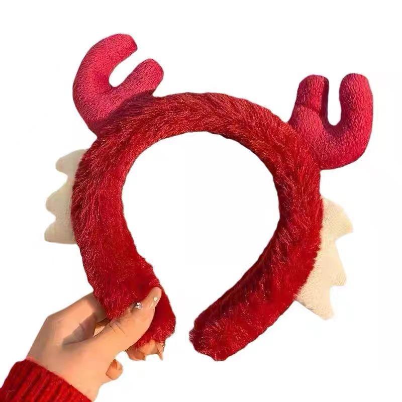 Burgundy Plush Reindeer Antler Headband for Face Washing & Makeup - Cute Non-Slip Hair Accessory