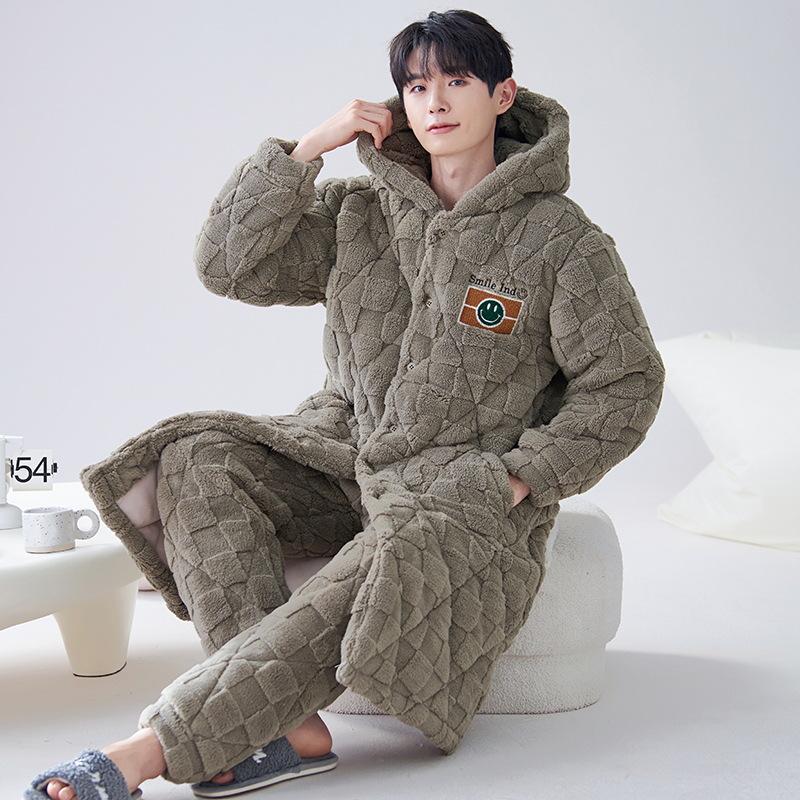 2024 Men's Quilted Winter Hooded Pajama Bathrobe - Warm, Thick Coral Fleece Outerwear