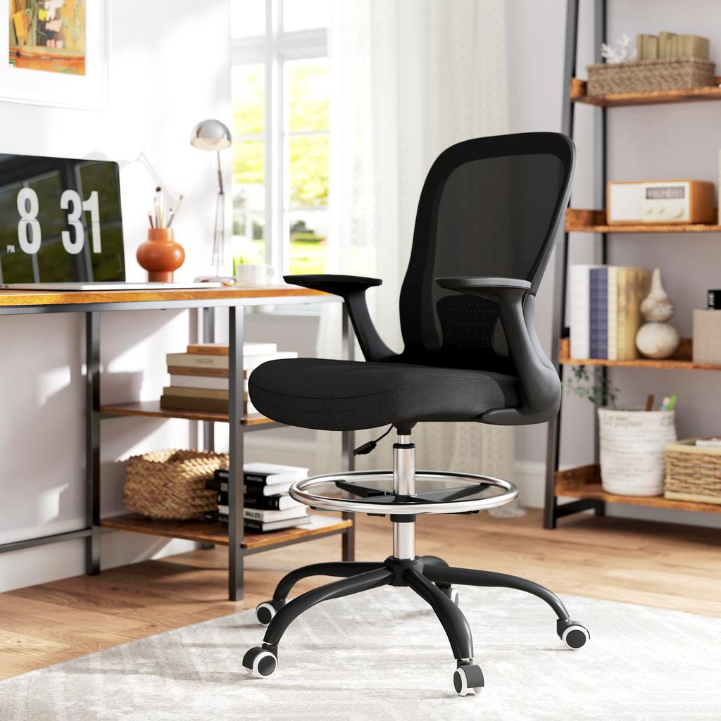 Draughtsman Chair, Mesh Drafting Chair, Ergonomic Office Chair with Flip-up Armrest, Adjustable Foot Ring, Black