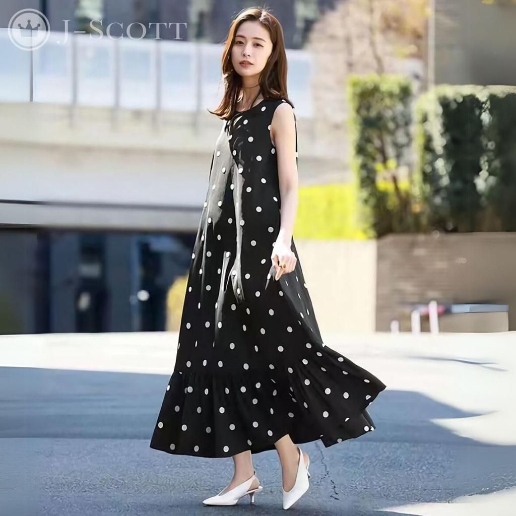 J-Scott Women's Sleeveless Polka Dot Print Long Dress, Round Neck, Summer Dress, A-Line, Sleeveless, White, JS172-WH-L