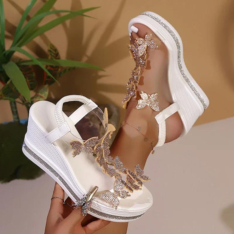 Womens Sandals Fashion Rhinestone Butterfly Decor Platform Sandals Shoes for Women 2026 Platform Rome Sandles Summer Beach Shoes