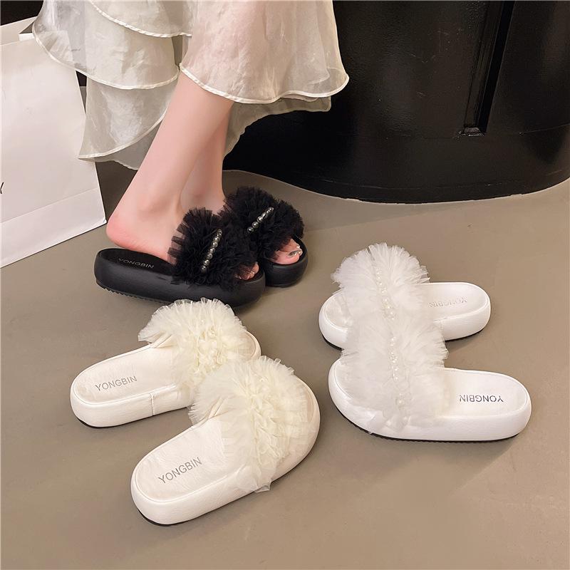 Mesh casual pearl cool slippers women's summer wear small soft bottom comfortable height increase fairy style one-word slippers