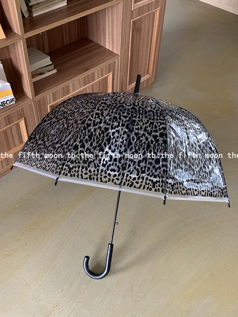 Thefifthmoon Hey Kleines Mädchen Süß Cool Leopardenmuster Transparenter Regenschirm Leichter Regen Foto Schirm Black Dot Leopard Print transparent/schwarz