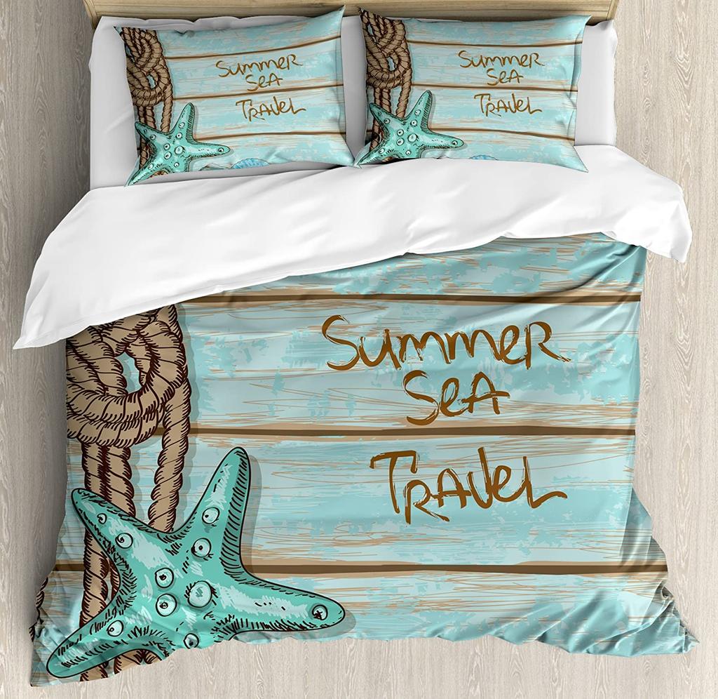 Beach Sea Starfish Shells Green 3pcs Bedding Set For Bedroom Double Bed Home Textile Duvet Cover Quilt Cover Pillowcase