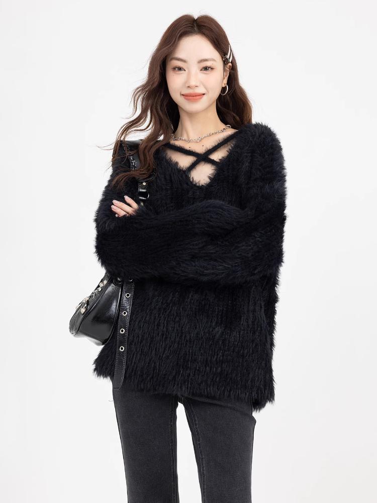 Zimowy sweter z dekoltem w serek dla kobiet Delikatne paski Luźny Słodki Leniwy Styl Pulower Dzianina Irregularny Japoński Styl Moda Dzianinowy Top