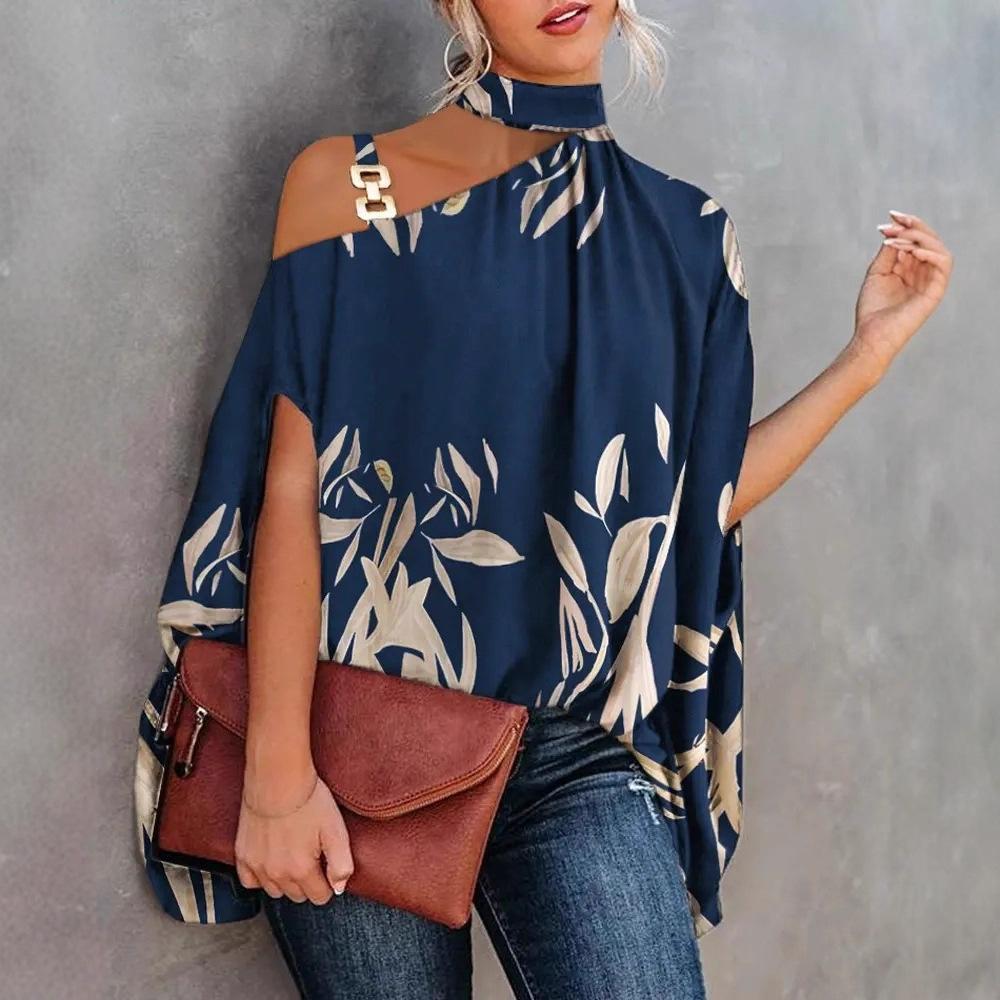 Women's Halter Neck Cold Shoulder Batwing Short Sleeve Loose Mixed Print Summer Blouse Shirt