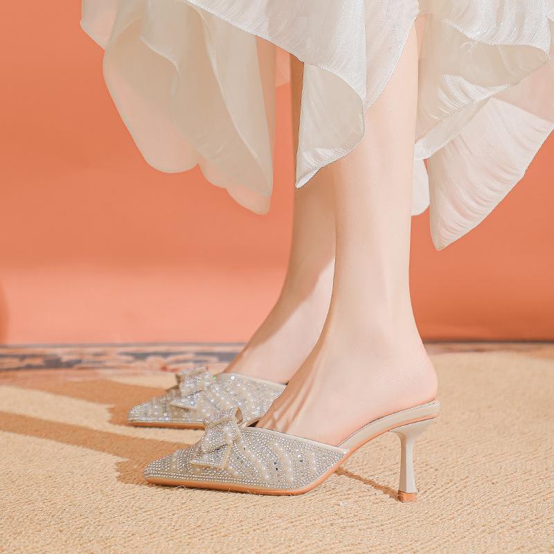 Celebrity pearl bag head half slippers women's summer wear sandals one pedal bow high-heeled slippers