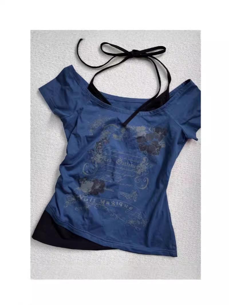 

Ретро топ халтер на бретелях в стиле пустоши, винтажный летний топ с коротким рукавом из двух частей 2024 Small