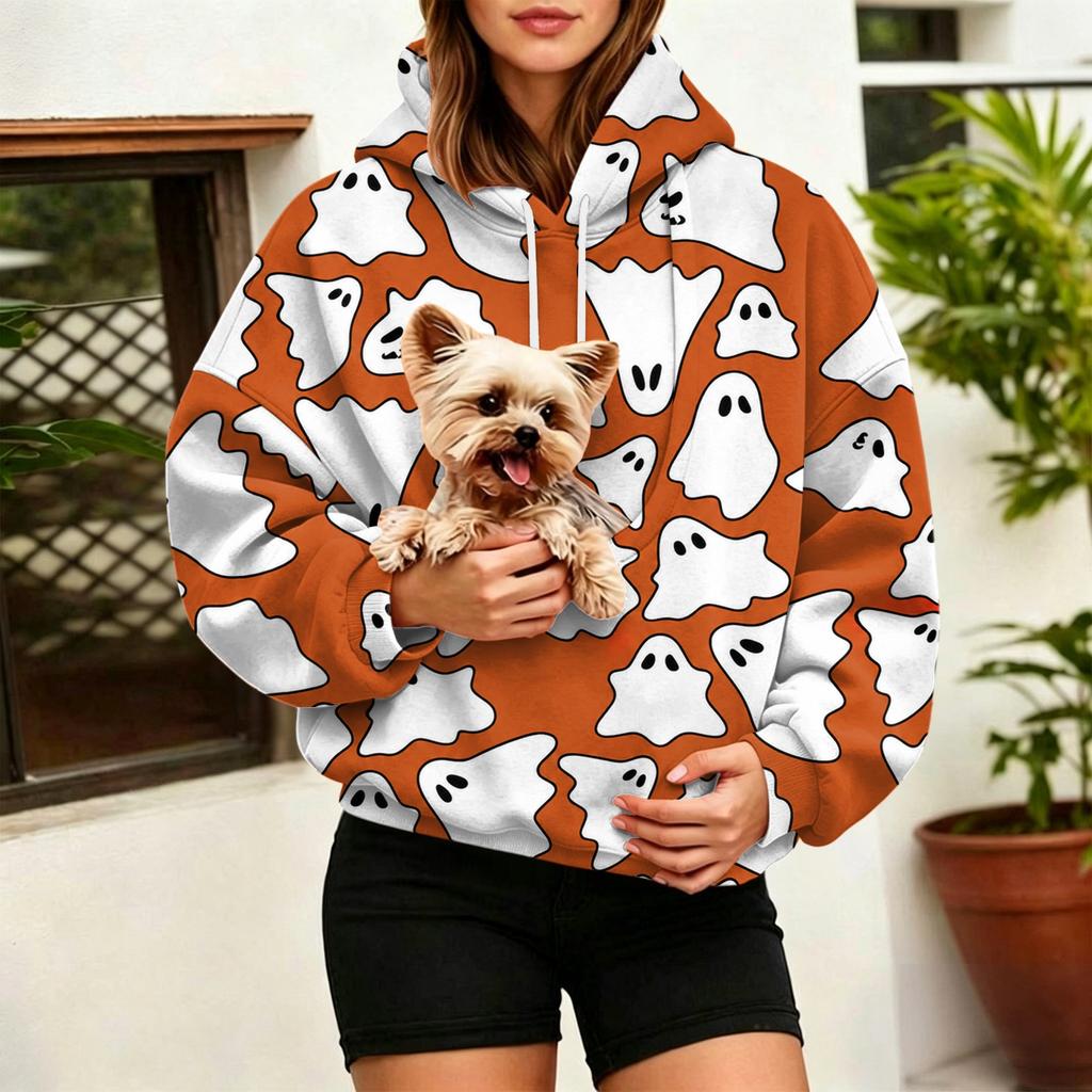 Women's Halloween Print Hoodie with Large Pet Pocket for Fall and Winter Casual Wear