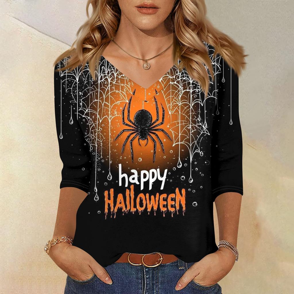 Women Casual Halloween Print V Neck Top Three Quarter Sleeve Lightweight Loose Fit Pullover Shirt for Fall Seasonal Wear