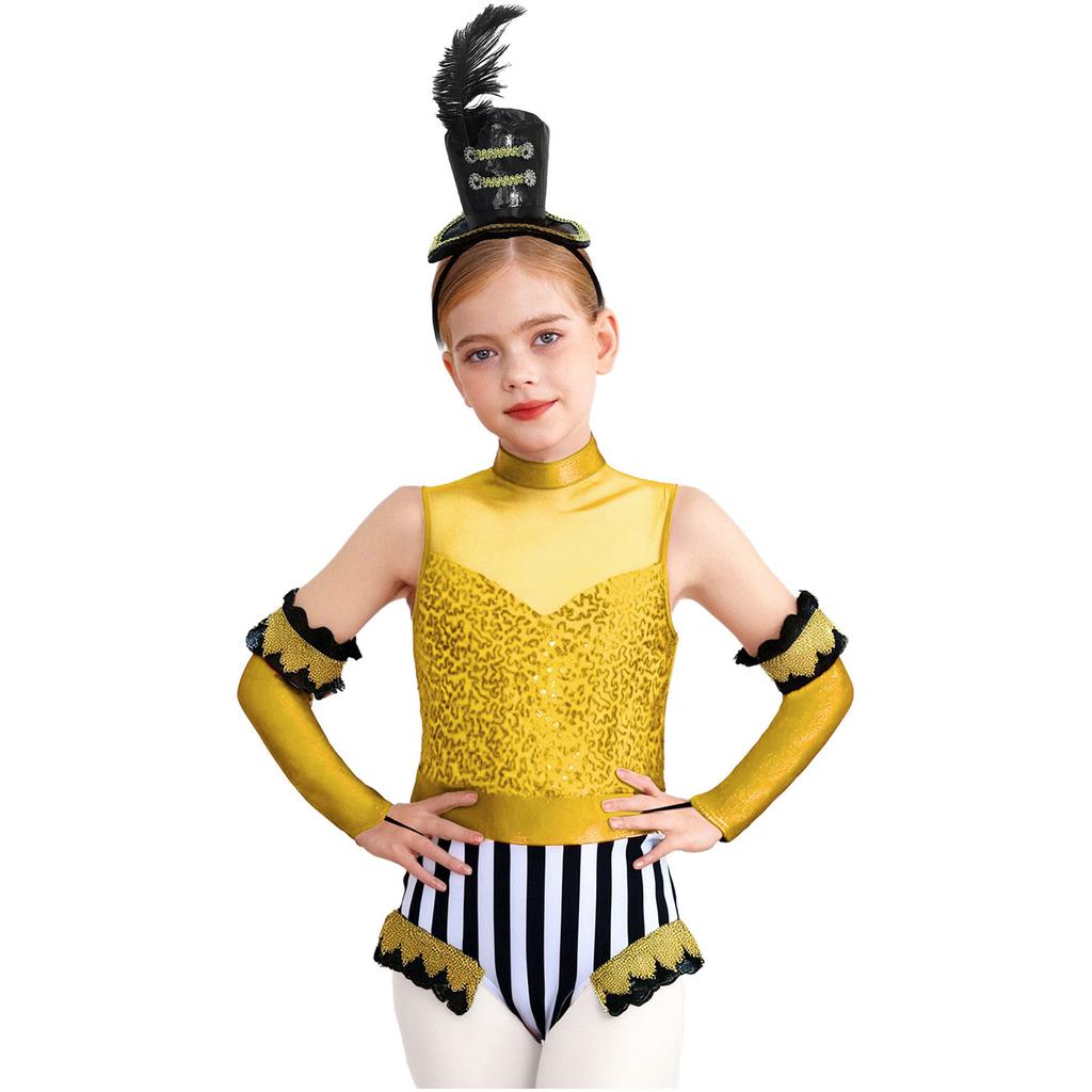 Girls Circus Costume Set Sequins Mock Neck Sleeveless Jumpsuit Press Buttons Metallic Oversleeve Top Hat