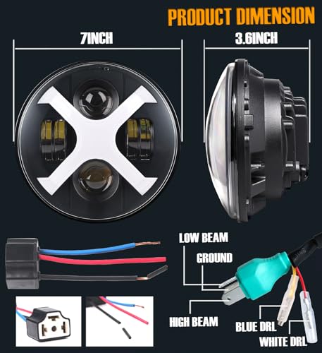 HENGTUAOTO 7" LED X-Style Motorcycle Headlight with White/Blue DRL for Street Glide, Softail Heritage, Road King, Electra Glide