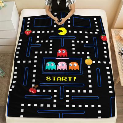 1 szt. Koc flanelowy z nadrukiem Pac-Man, Wysoka jakość, Na wszystkie pory roku, Wystrój domu, Ciepło i komfort, Idealny na prezenty świąteczne
