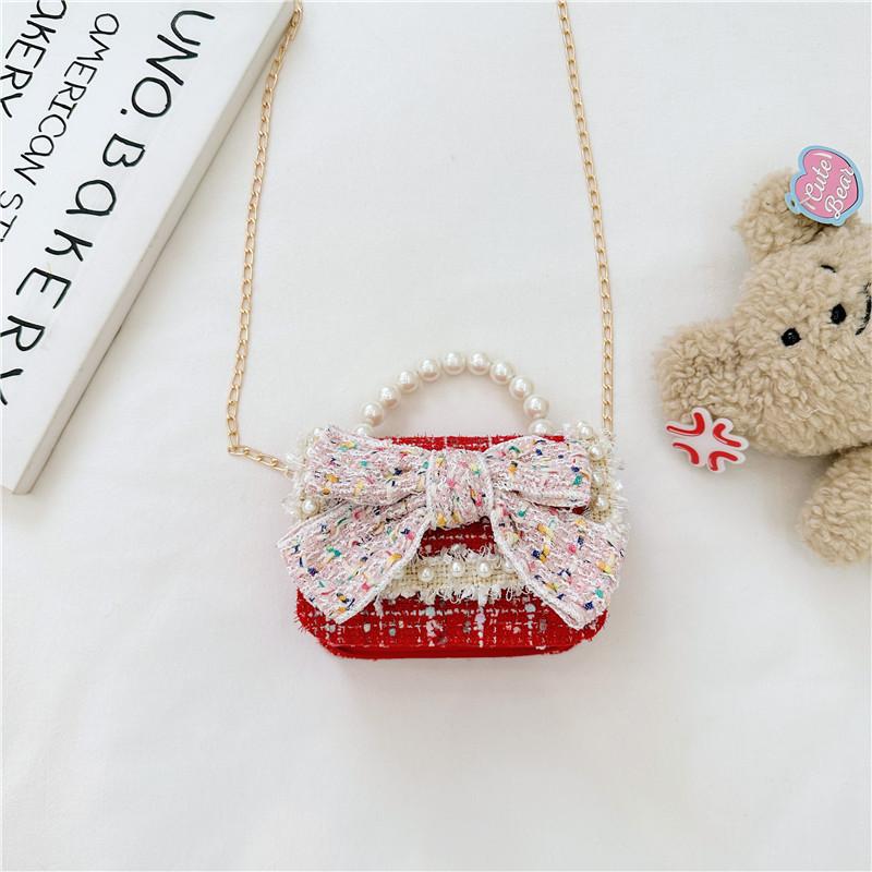 Trendy Red Mini Chain Crossbody Bag For Kids With Charming Bow Design And Lightweight Canvas Material