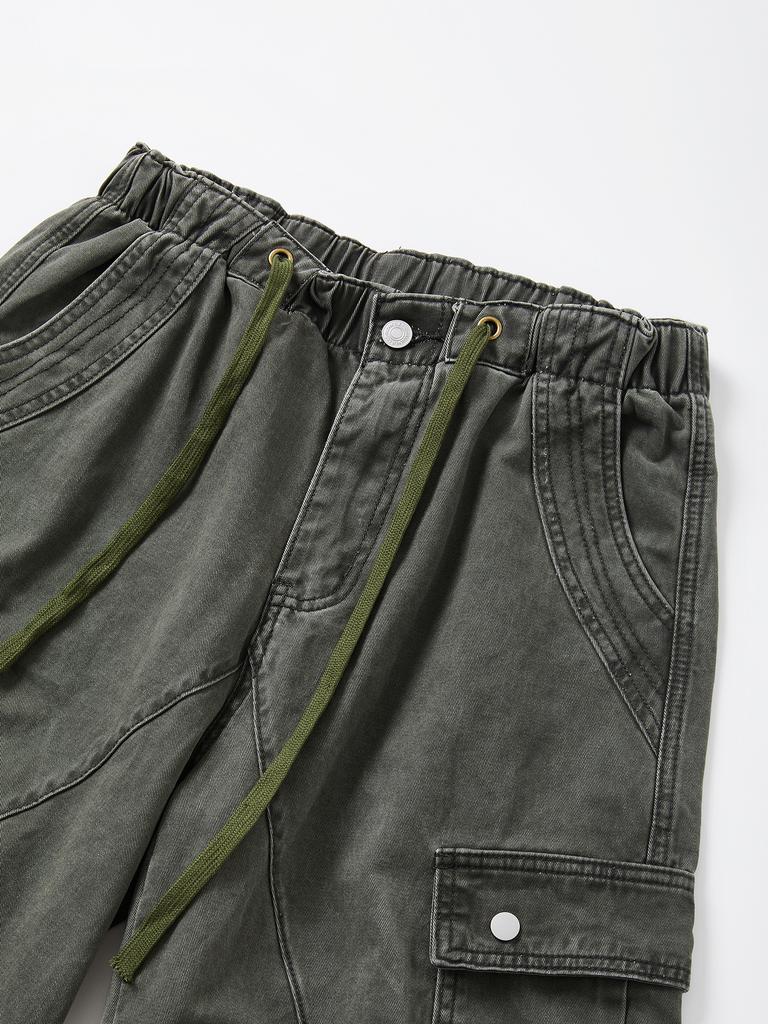 IKALOOK Loose Fit Washed Cargo Elastic Waist Pants Cpt154