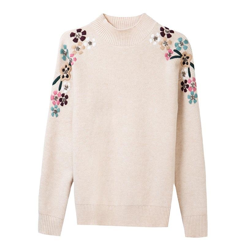 Genser Halv rullekrave for kvinner strikket topp brodert løs ren farge Trendgenser høst og vinter damestil