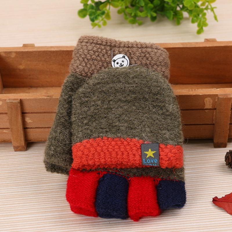 

New children s thermal writing gloves autumn and winter thickened flip color matching wool finger knitted student gloves women 5-15 years old