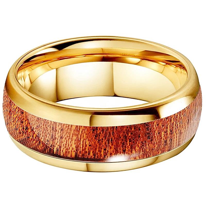 Men's 8mm Gold Wood Grain Stainless Steel Ring with Redwood Inlay - Comfortable Fit 