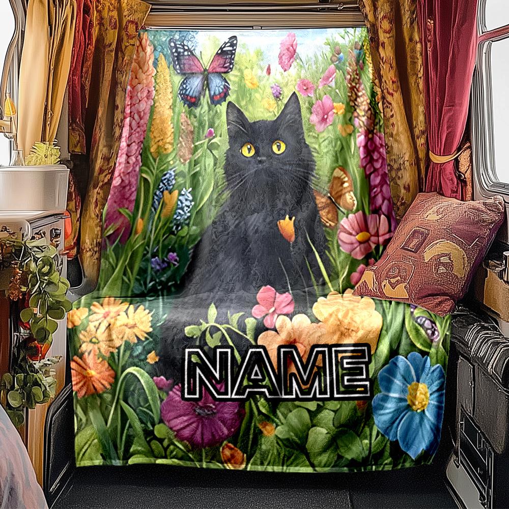 Garden Cat With Butterflies And Flowers Artwork Blanketcustomizable With Your Namecomfortable And Stylish Perfect For Travel Beds Chairs Offices Sofas