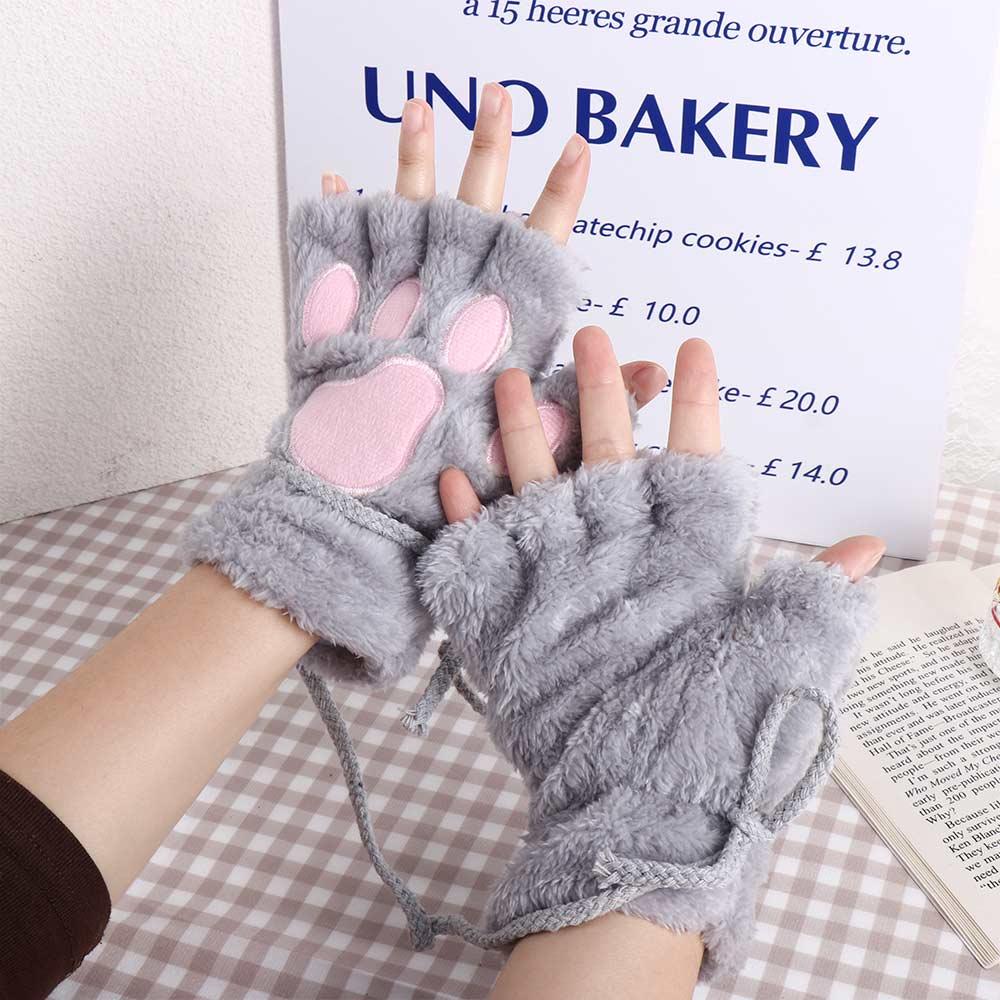 Cute Girl Lovely Claw Cat Plush Warm Fluffy Soft Bear Paw Fingerless Winter Gloves