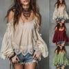Women Long Sleeve Blouse Cold Shoulder Lace Trim Casual Shirt Bohemian Style Lightweight Top for Daily Wear