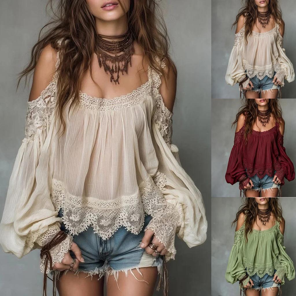 Women Long Sleeve Blouse Cold Shoulder Lace Trim Casual Shirt Bohemian Style Lightweight Top for Daily Wear