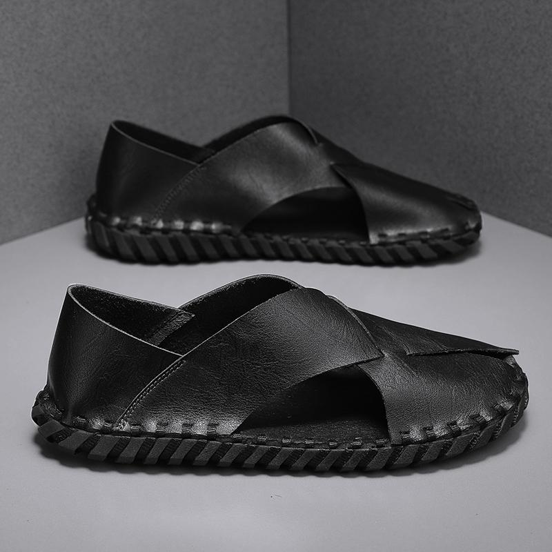 Fashionable New Massage Sole Loafers Men's Leather Sandals Open Toe Men's Leisure Camping Shoes Gray Versatile Free Delivery