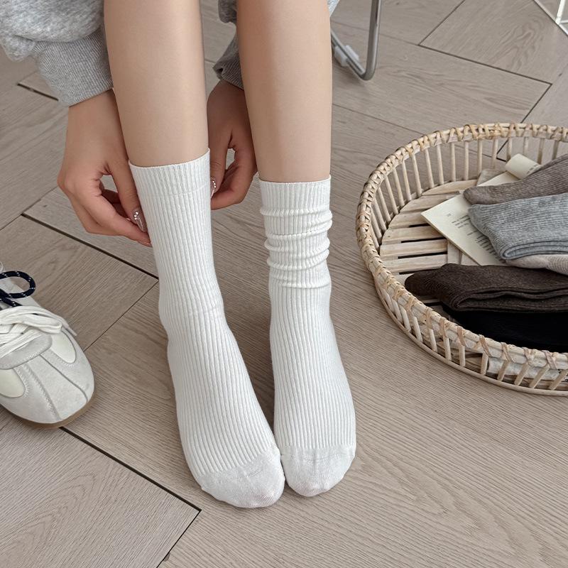 Women's Black & White Ribbed Slouch Socks - Mid-Calf Length, Versatile for Autumn/Winter, Pair with Leather Shoes