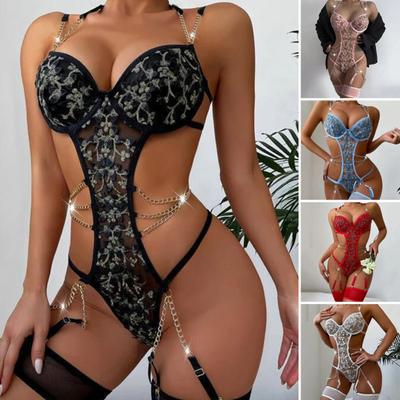 Kulüp Bodysuit Bodycon Kolsuz Çiçek Desen Dantel Nakış Oymak Zincir Dekor Spagetti Kayışı Romantik Gece için Baştan Çıkarıcı Gecelik Bodysuit