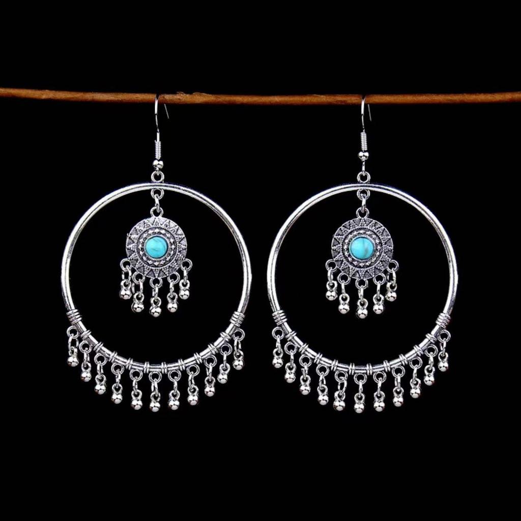 Bohemian Turquoise Owl Dream Catcher Tassel Earrings for Women