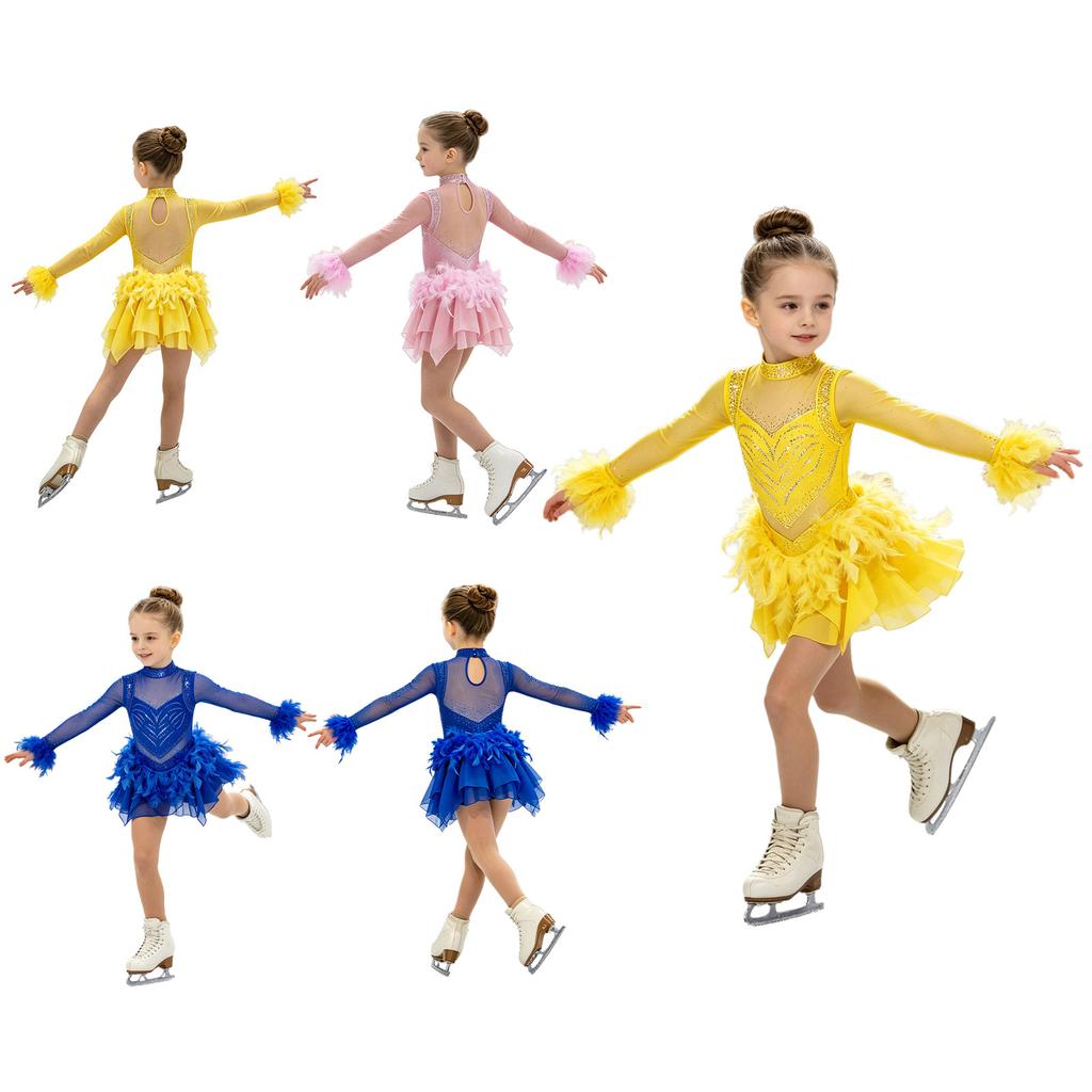 Girls Shiny Rhinestone Figure Skating Feather Ruffled Dress