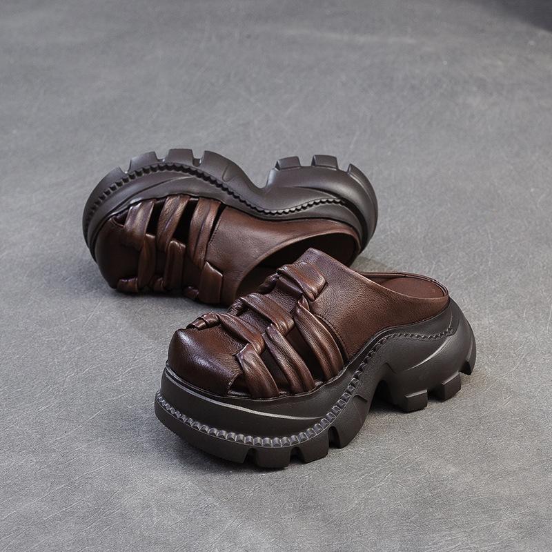 

Fashion GKTINOO 2025 Summer New Retro Height Increasing Genuine Leather Slippers Hollow Out Lightweight Women s Platform Shoes 35