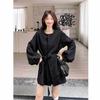 Black Korean Style Lace-up Waist-Cinching Trench Coat for Petite Women - 2025 Autumn Elegant Slim Fit Outerwear