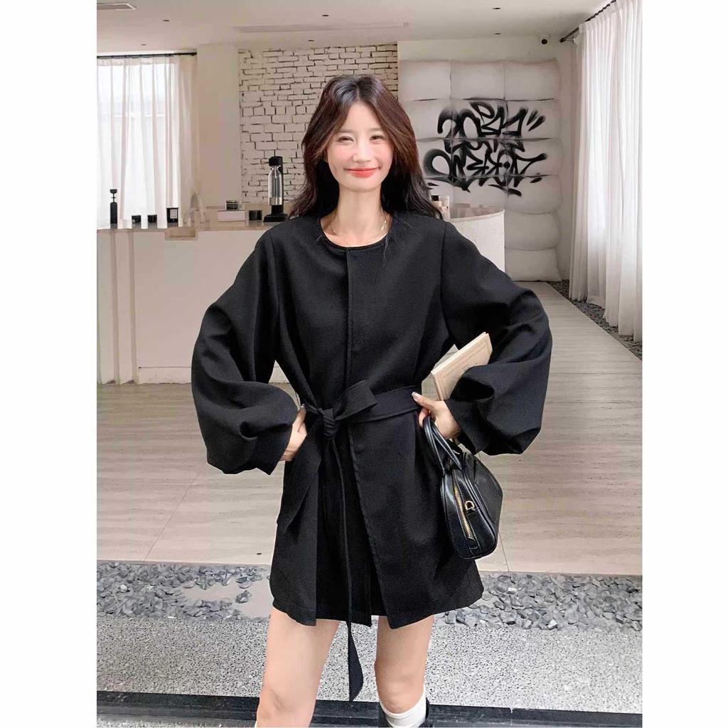 Black Korean Style Lace-up Waist-Cinching Trench Coat for Petite Women - 2025 Autumn Elegant Slim Fit Outerwear