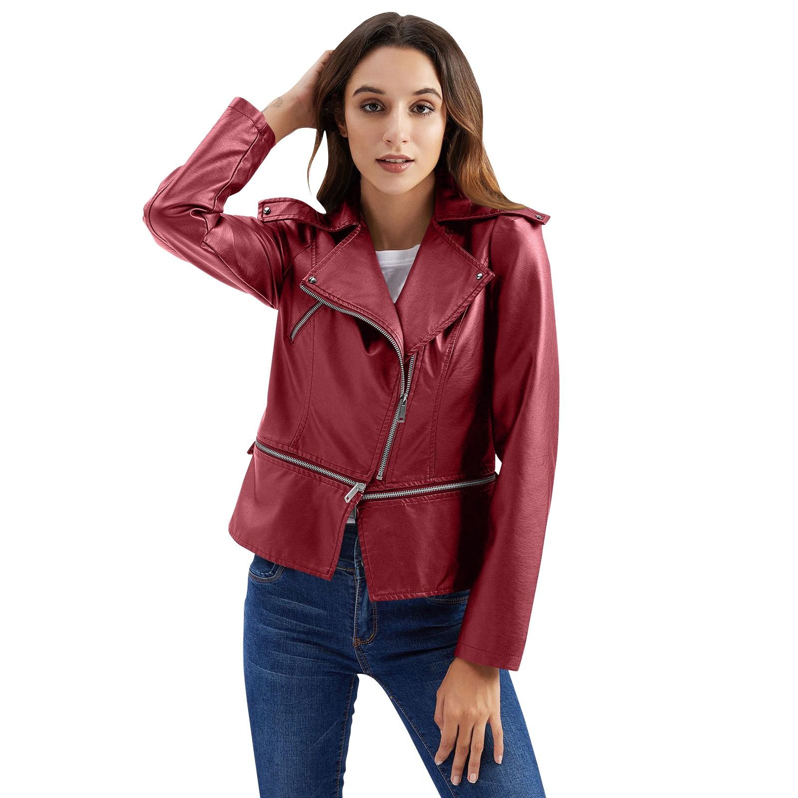 

Женская повседневная кожаная куртка с воротником-стойкой, облегающее пальто на весну и осень XL красный