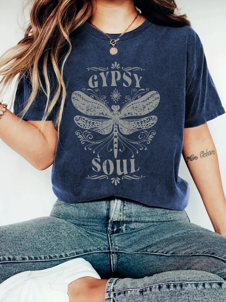 Women's New Cute Printed Short Sleeve Dragonfly Printed Round Neck Loose Short Sleeve