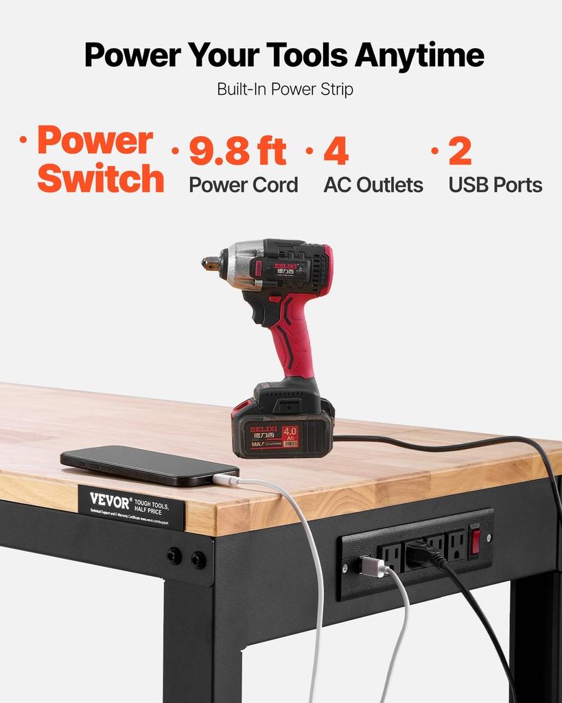 Adjustable Height Workbench 61"L x 20"W Work Bench Table with Power Outlet