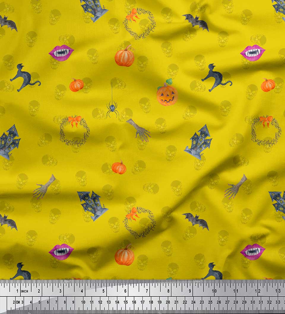 

Soimoi Blue Japan Crepe Satin Fabric Pumpkin & Haunted House Halloween Print Fabric by the metre 42 Inch 42 Inch Wide - Poly Crepe жовтий