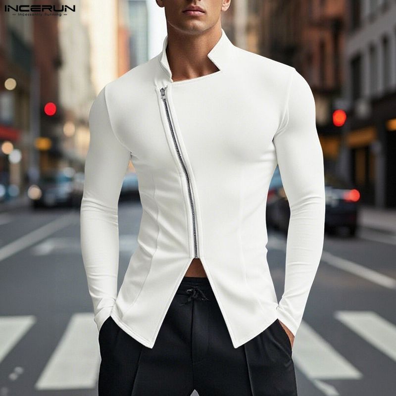 INCERUN Magliette Casual da Uomo con Collo Stretto, Manica Lunga, Zip Laterale, Vestibilità Aderente