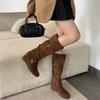 New Retro Matte, Height Increased by 6cm~ Korean Round Head Buckle with Soft Folds and Thin High Boots for Women's Autumn